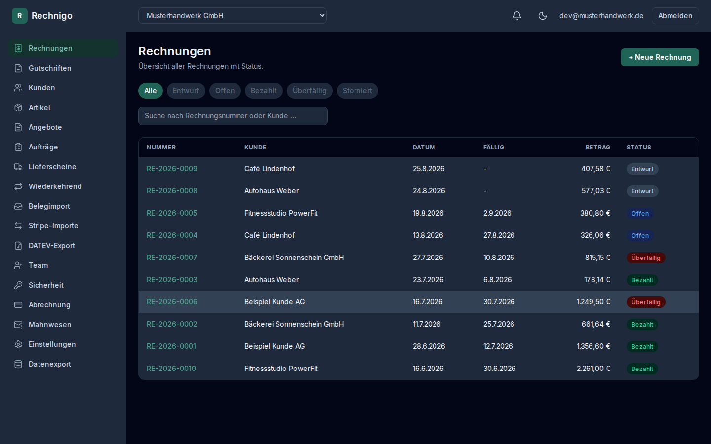 Rechnigo Dashboard – Übersicht aller Rechnungen mit Status