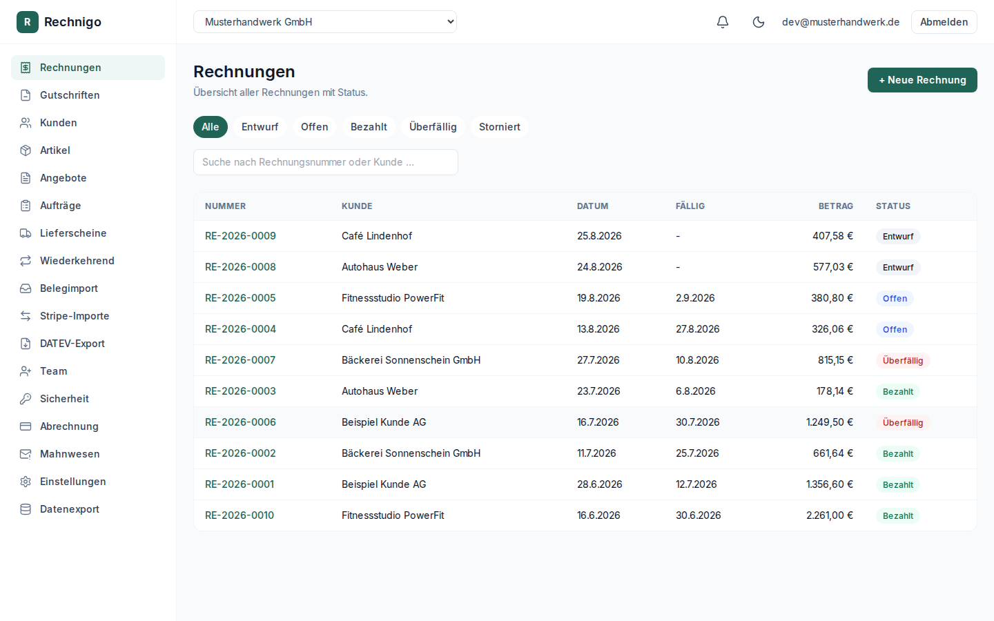 Rechnigo Dashboard – Übersicht aller Rechnungen mit Status